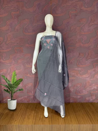 slim fit dress slacks Unstitched Grey Pure Cotton Suits Dress Material – Stilento main image 0