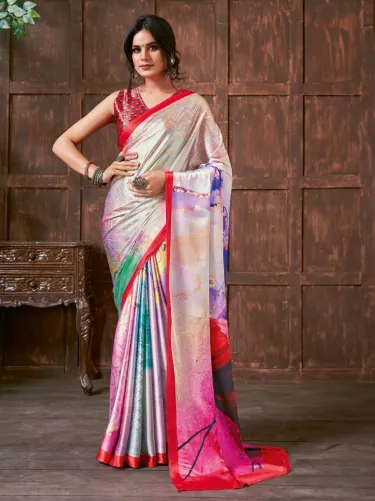 Multicolour Digital Printed Violet Crape Saree. Jolly Silks