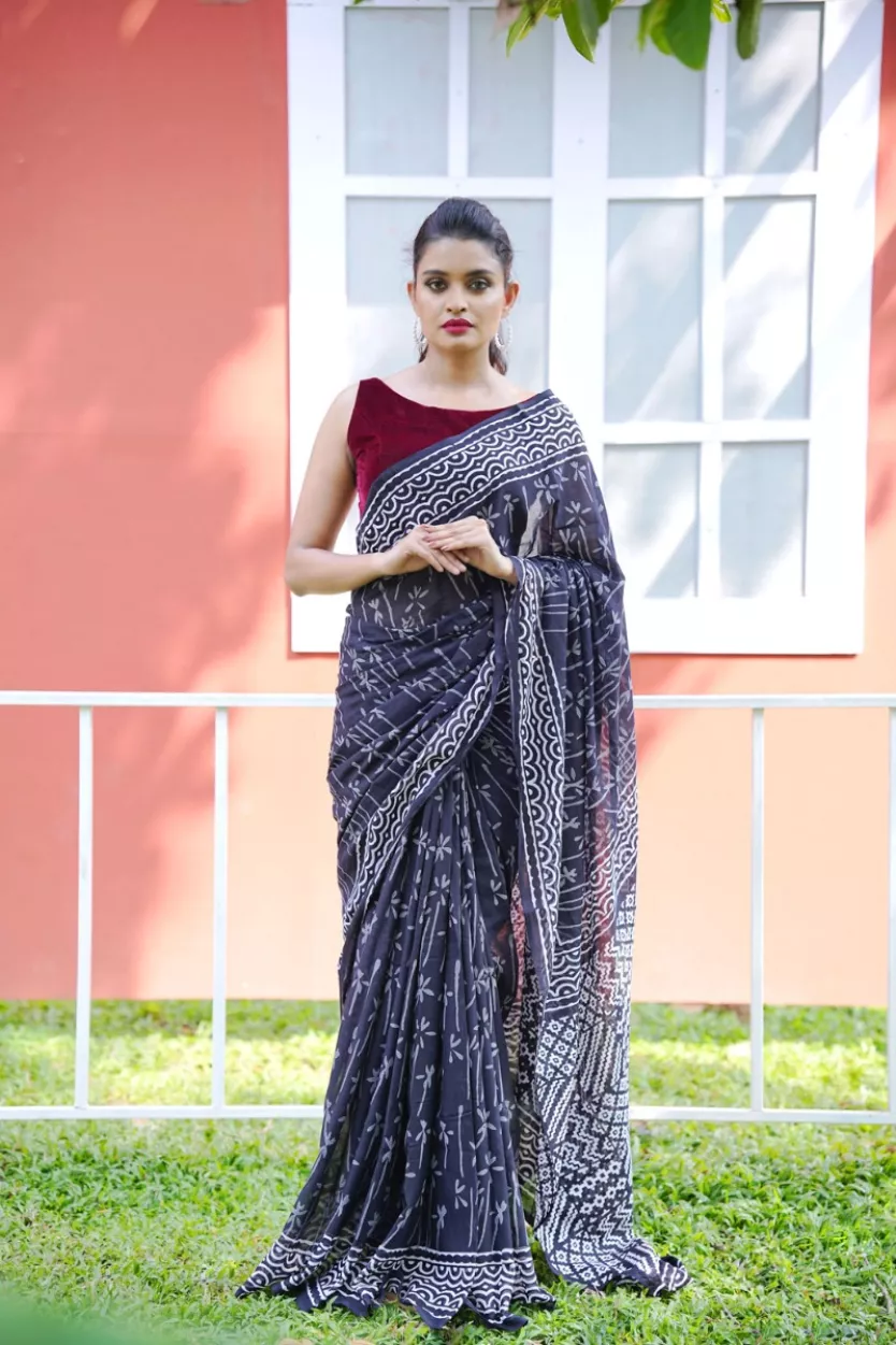 Black With Printed Soft Cotton Saree. Jolly Silks The