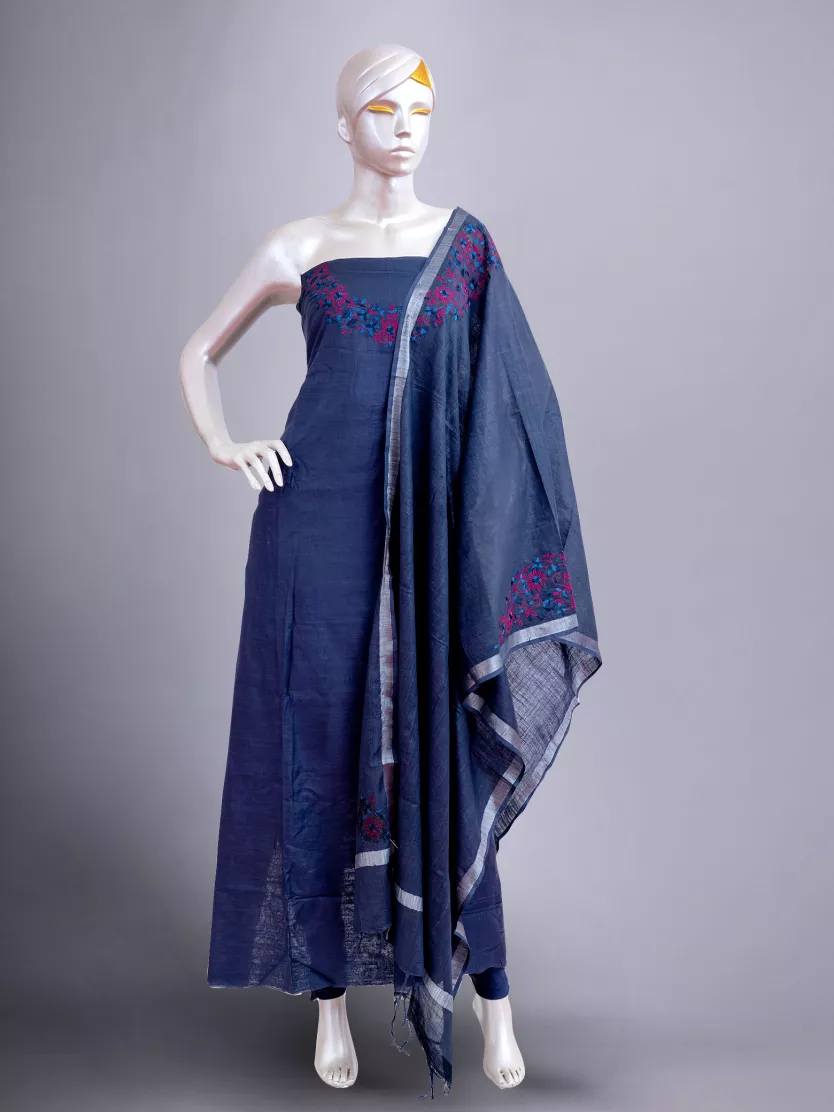 Dark Navy Blue Colour Linen Material With Embroidery Work Unstitched Dress  Material. | Jolly Silks - The Destination Of Silks | Online shopping site -  Jolly Silks