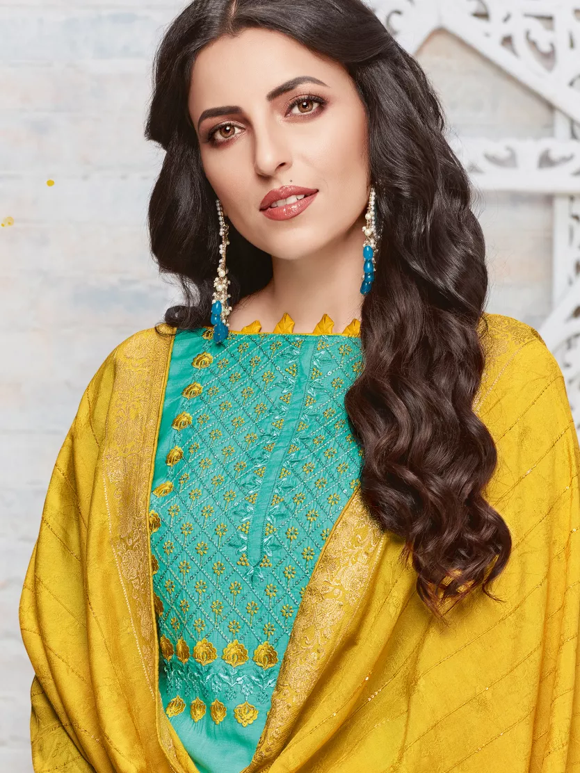 Sea Green Colour With Box Neck Embroidery Work Suit Material. | Jolly Silks  - The Destination Of Silks | Online shopping site - Jolly Silks