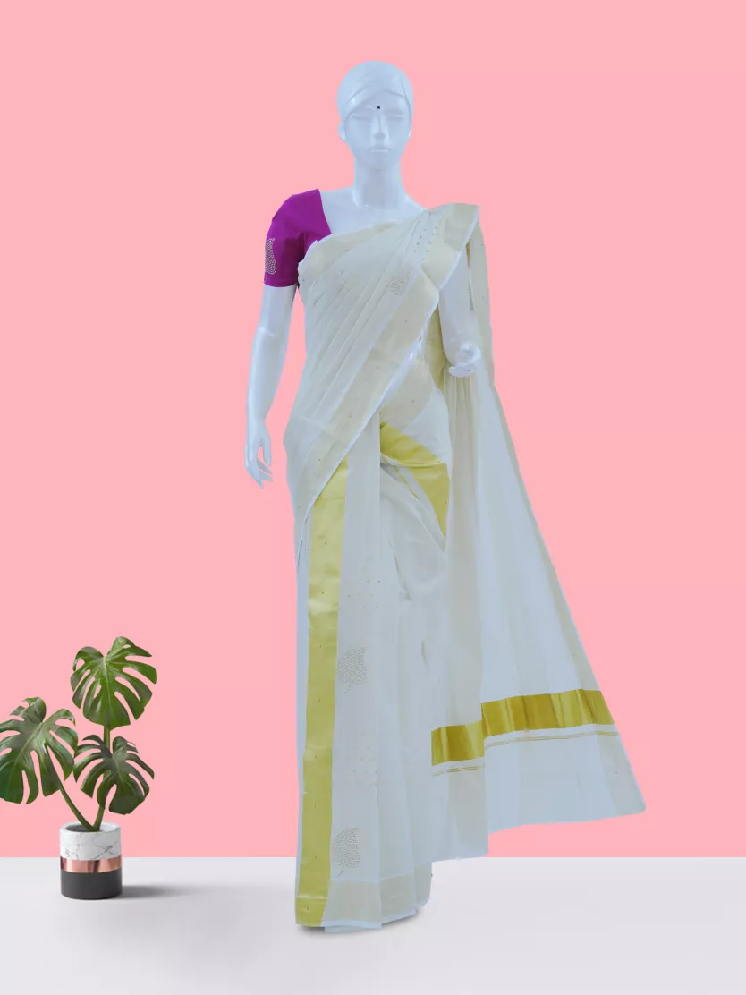 Golden Tissue With Leaf Mukesh Work Kerala Traditional Single Set Mundu And Vadamalli Colour Contrast