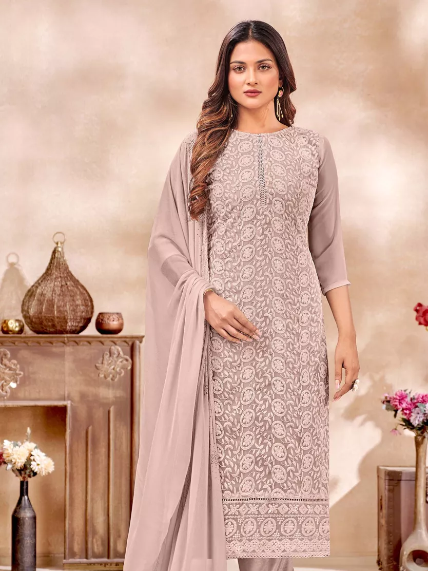 Light Pastel Chikku Colour With Luknow Chikankari Work Churidhar