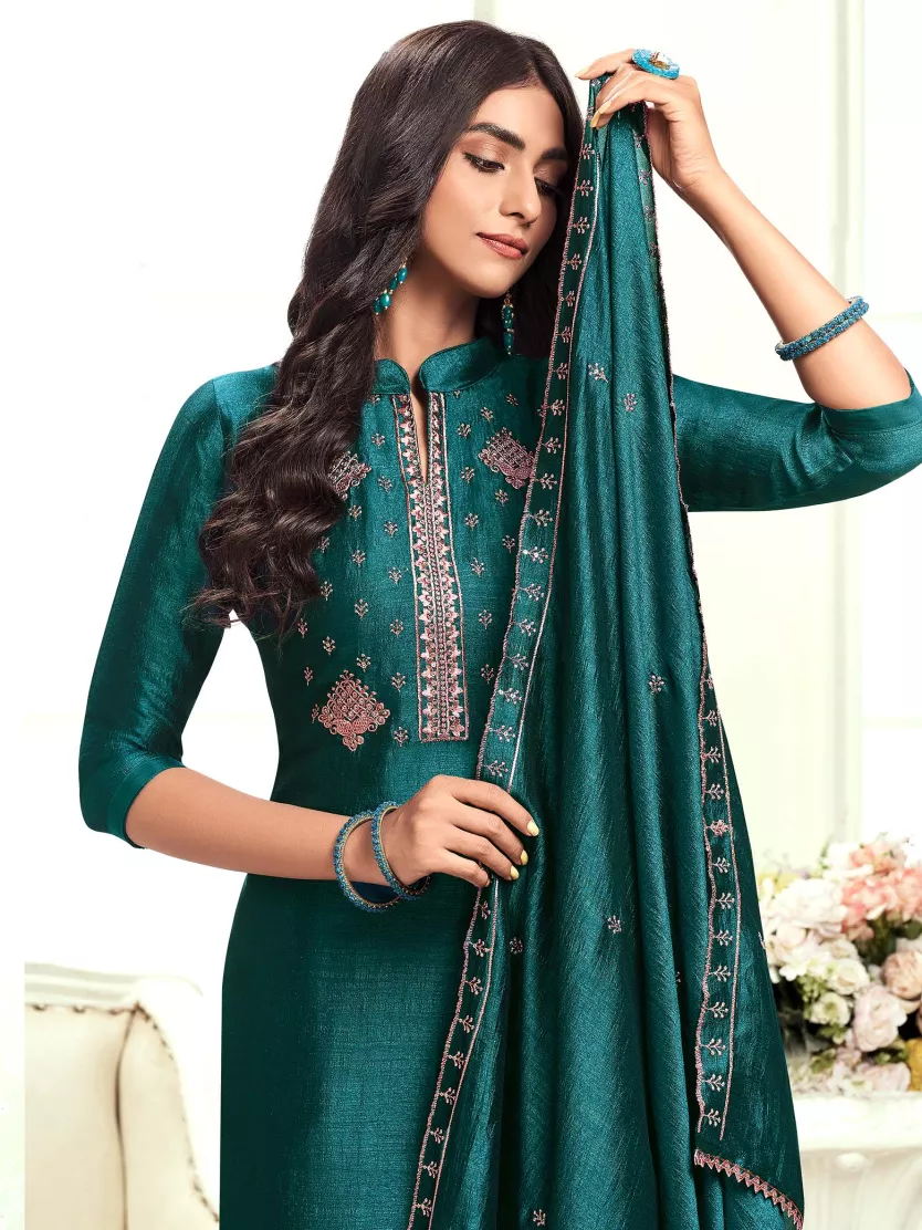Peacock Green Colour With Elegant Copper Embroidery And Sequence Work Churidhar Material. Jolly Silks The Destination Of Silks Online shopping site Jolly Silks
