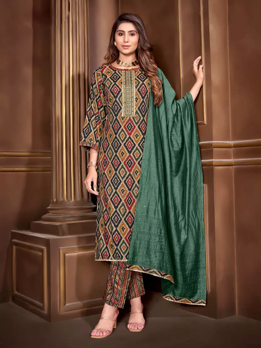 Chikku And Multy Colour With Printed Churidhar Material. Jolly Silks The Destination Of Silks Online shopping site Jolly Silks