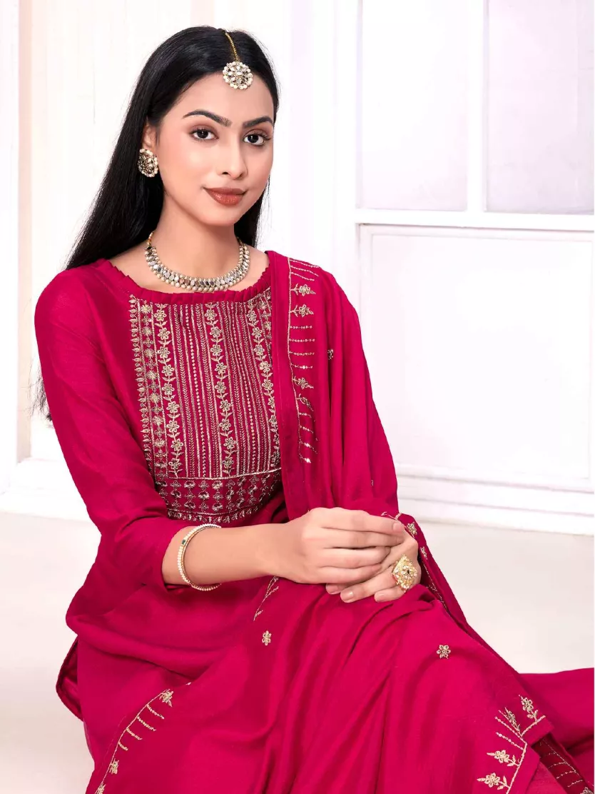 Ruby Red Colour With Charming Copper Embroidery And Sequence Work