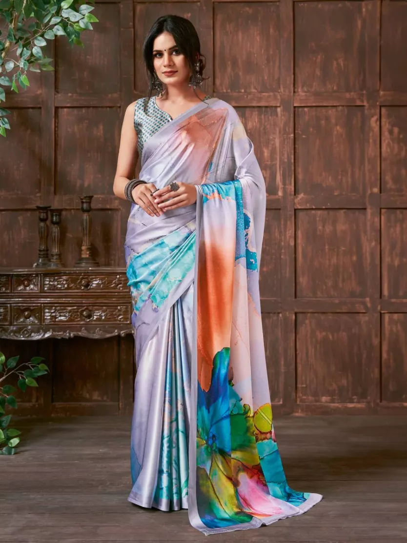 Multicolour Digital Printed Light Lavender Crape Saree. Jolly