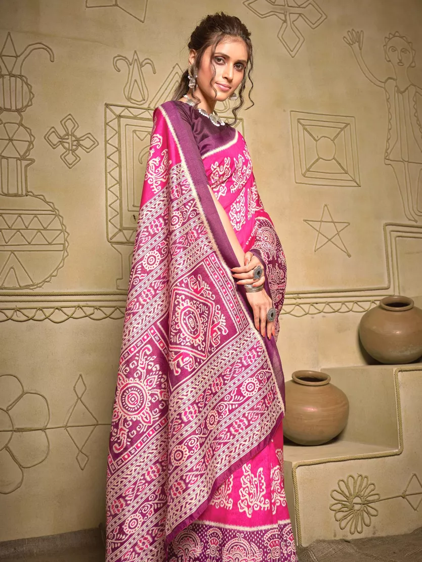Barbie Pink Colour With Printed Design Raw Cotton Saree. Jolly
