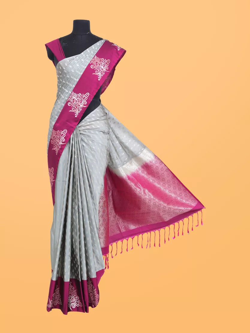 Pastel Grey Art Silk Saree Adorned with Butta Designs and Contrasting  Vadamalli Blouse and Border