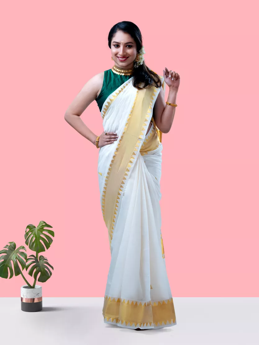 Cream With Temple design Border Kerala Traditional Set Saree