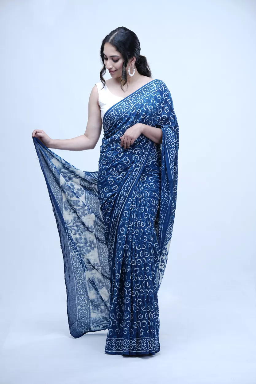 Denim Blue Colour With Printed Soft Cotton Saree. Jolly Silks The Destination Of Silks Online shopping site Jolly Silks
