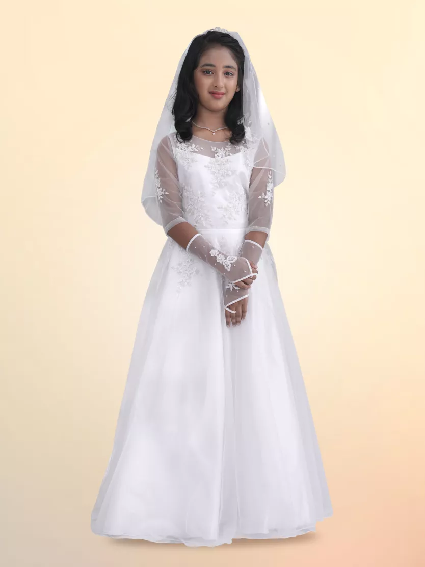 White Net and Satin Gown with Handwork Jolly Silks The