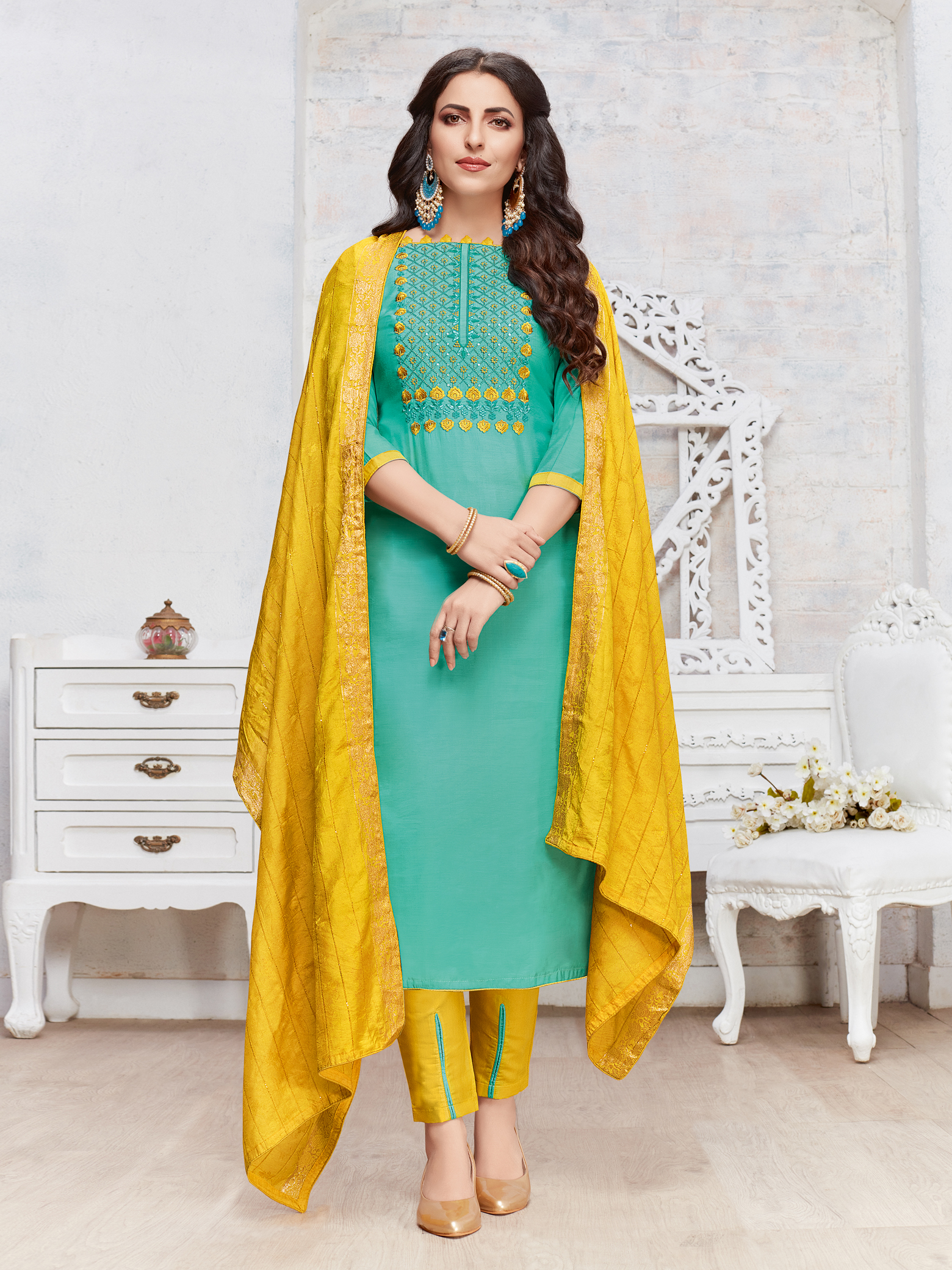 Sea Green Colour With Box Neck Embroidery Work Suit Material. | Jolly Silks  - The Destination Of Silks | Online shopping site - Jolly Silks