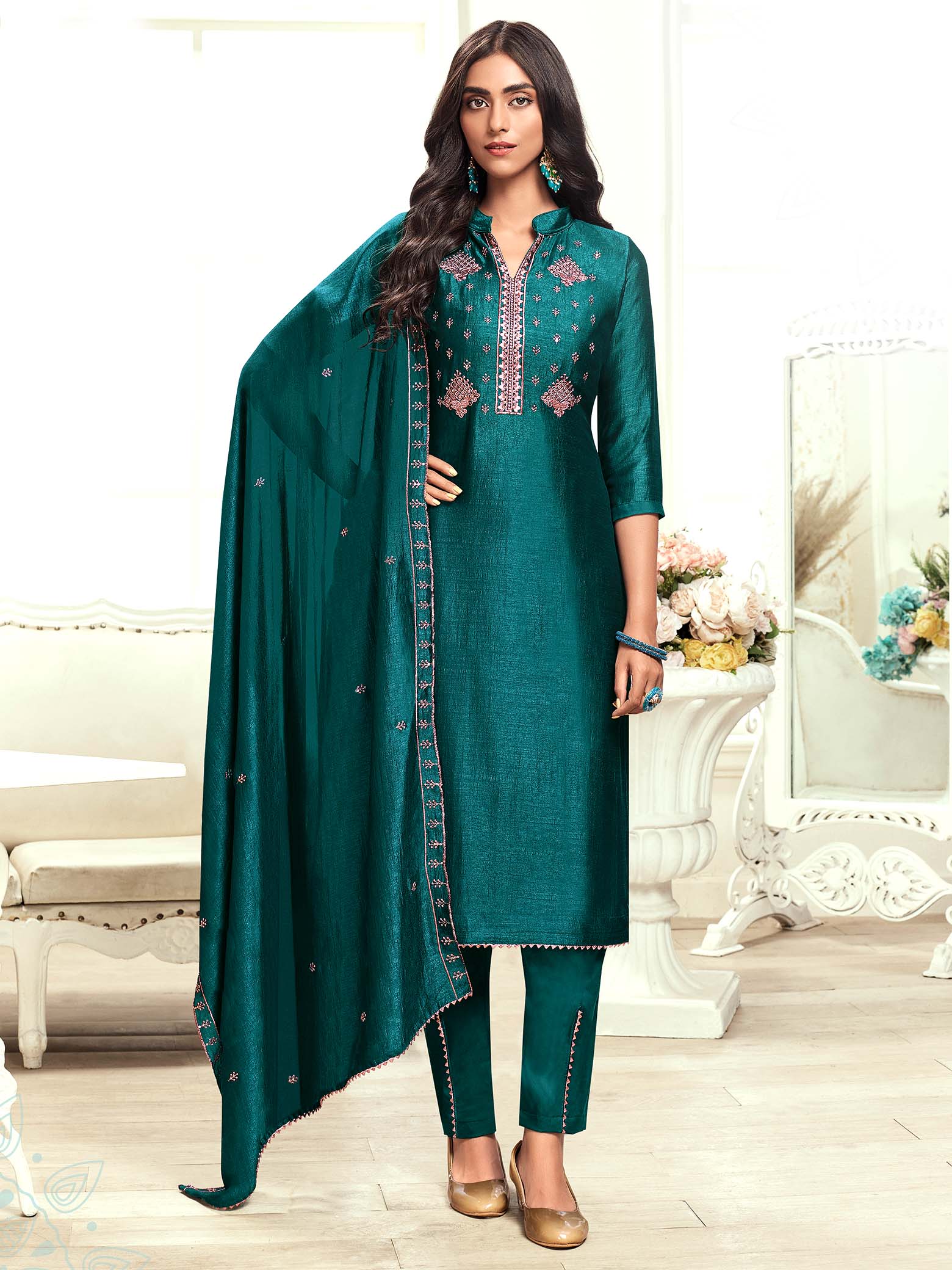 Peacock Green Colour With Elegant Copper Embroidery And Sequence Work  Churidhar Material. | Jolly Silks - The Destination Of Silks | Online  shopping site - Jolly Silks