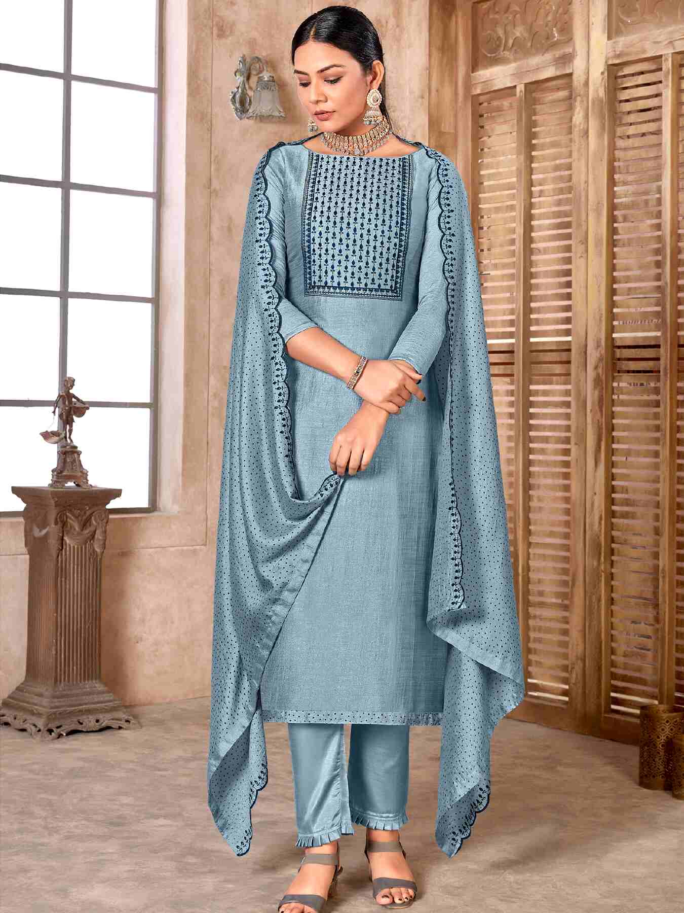 Pastel Ash Blue Colour With Embroidery And Sequence Work Churidhar Material. Jolly Silks The Destination Of Silks Online shopping site Jolly Silks
