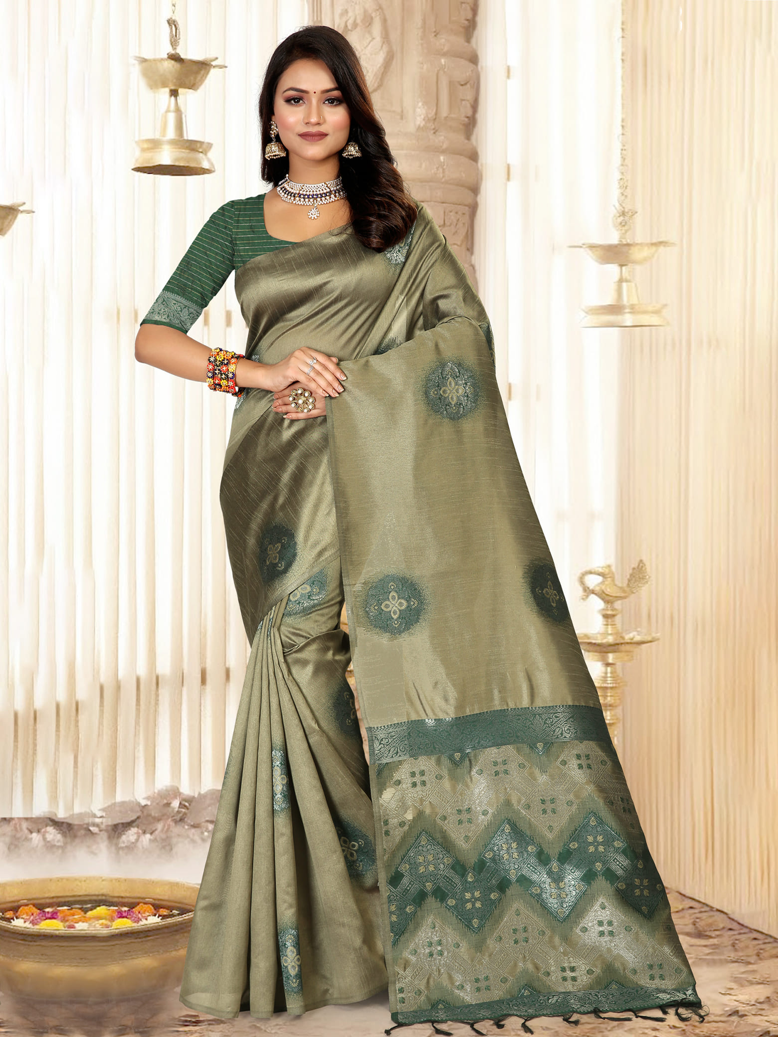 Cardamom Colour With Digital Style Weaving Art Jute Saree