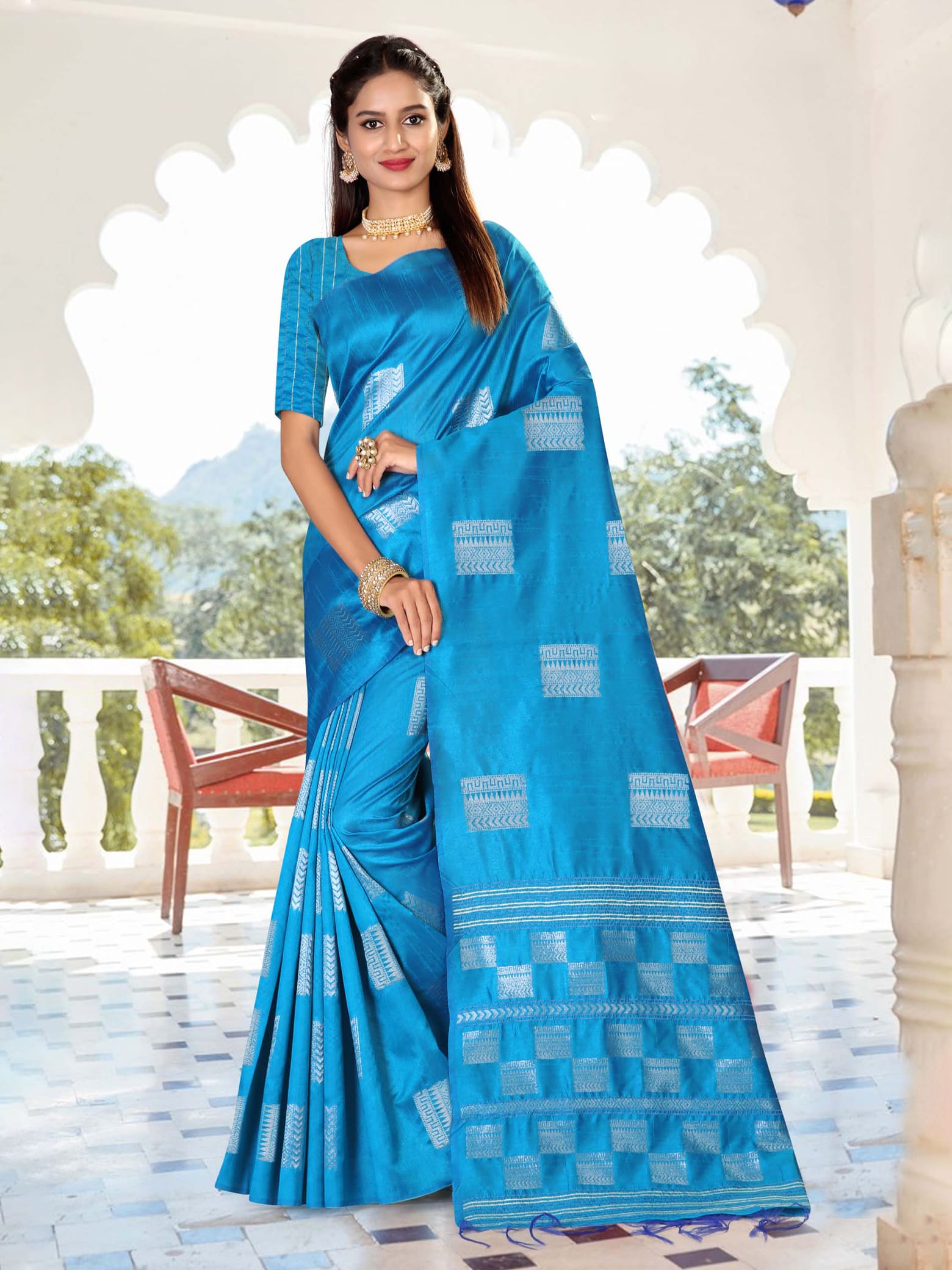 Copper Sulphate Blue Colour With Silver Fancy Buttas Art Jute Saree | Jolly Silks - The Destination Of Silks | Online shopping site - Jolly Silks Copper Sulphate Blue Colour With Silver Fancy Buttas Art Jute Saree | Jolly Silks - The Destination Of Silks | Online shopping site - Jolly Silks